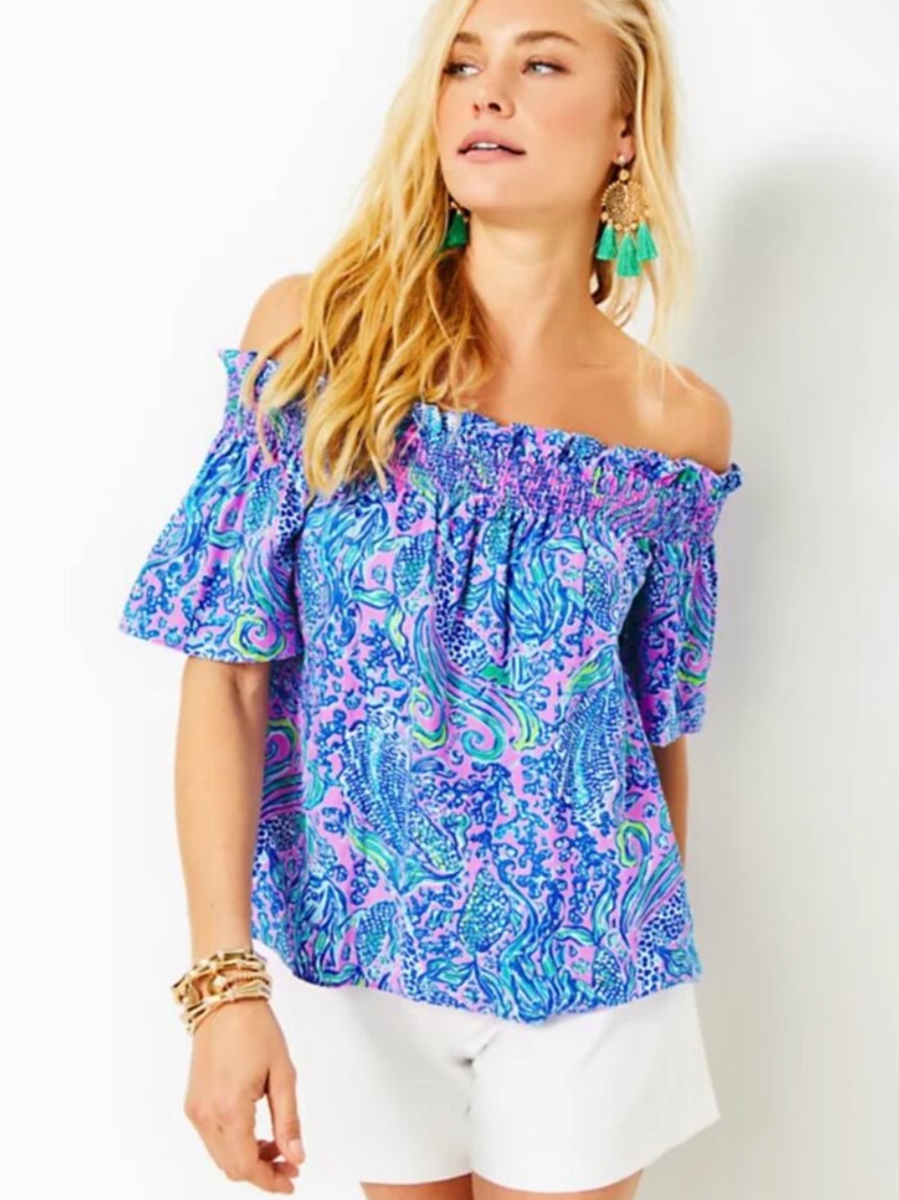 Lilly Pulitzer Leanne Off The Shoulder 100% Linen Top Lilac Rose We Mermaid It